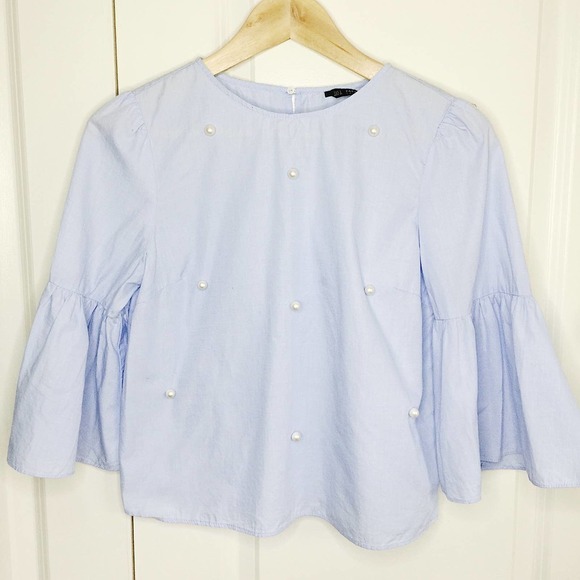 ZARA Light Blue 3/4 Bell Sleeve Pearl Top S - Picture 2 of 6